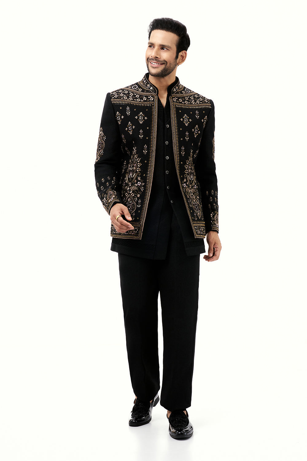 Black Cotton Jute Mens Jodhpuri Set with Resham and Cutdana Work