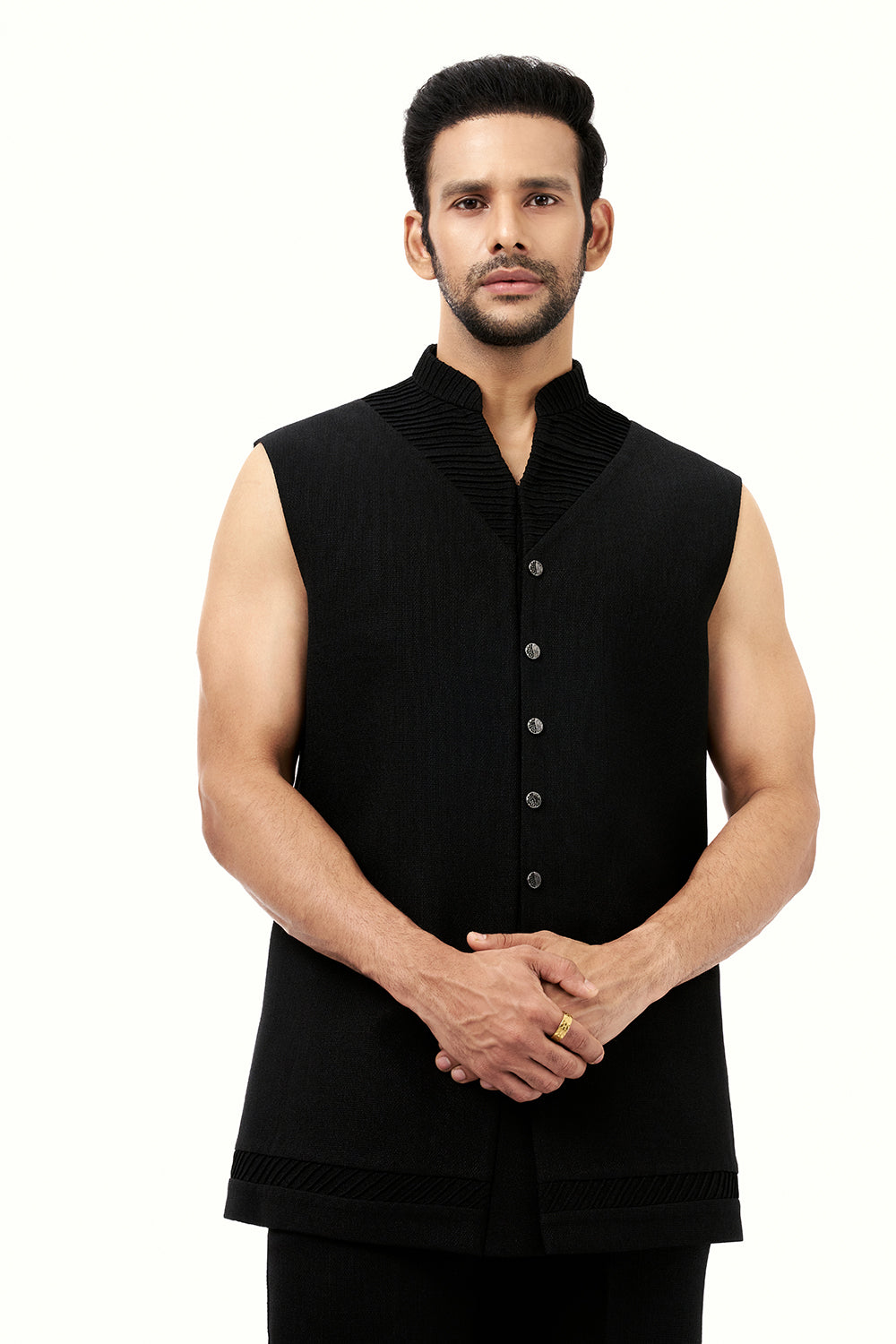 Black Cotton Jute Mens Jodhpuri Set with Resham and Cutdana Work