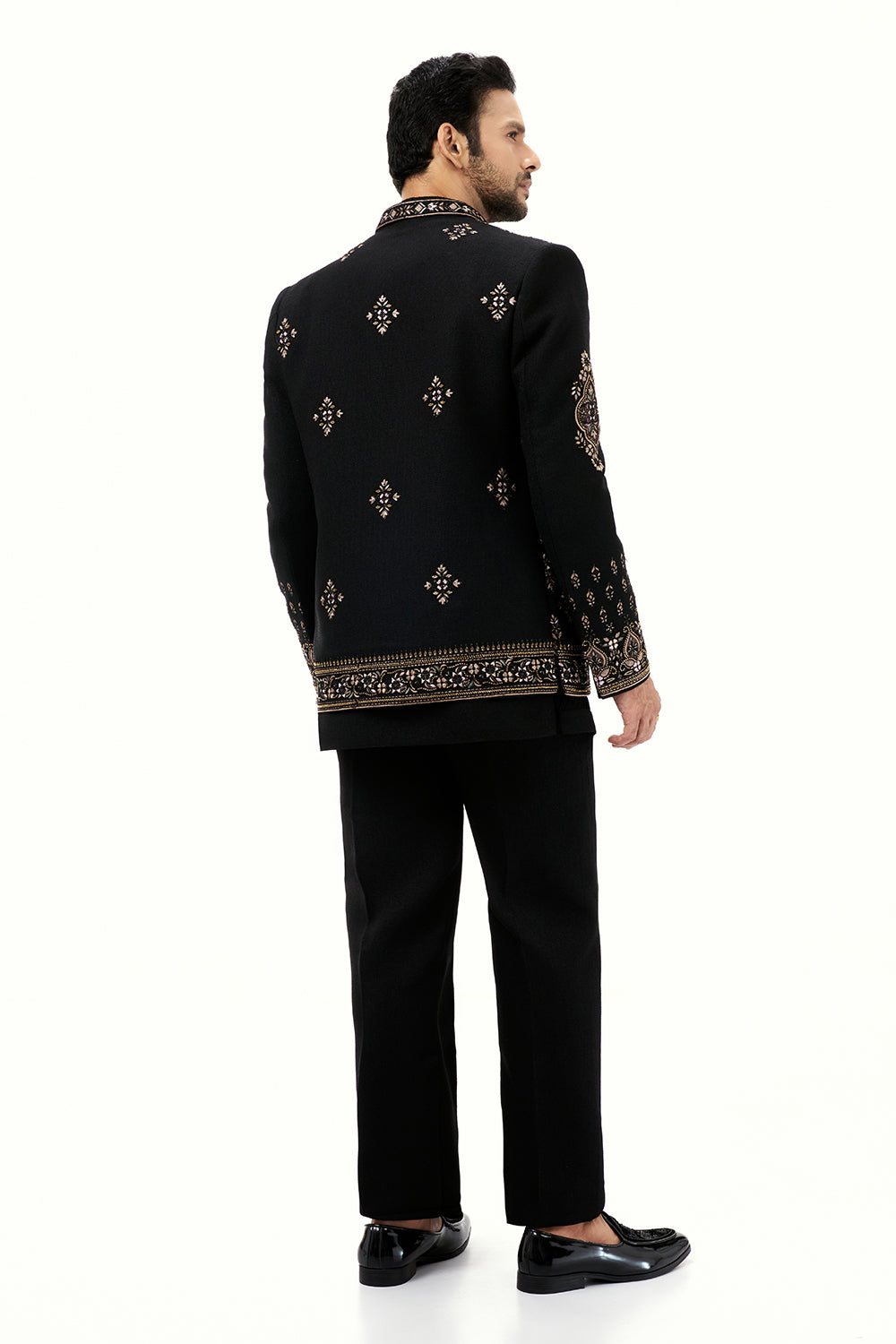 Black Cotton Jute Mens Jodhpuri Set with Resham and Cutdana Work
