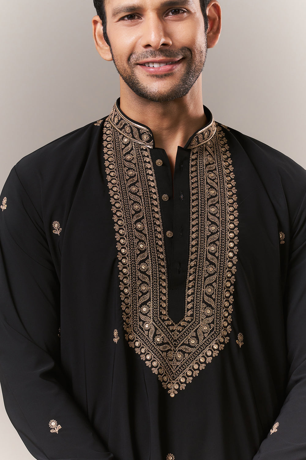 Black Crepe Mens Kurta Set with Dori and Sequins Work
