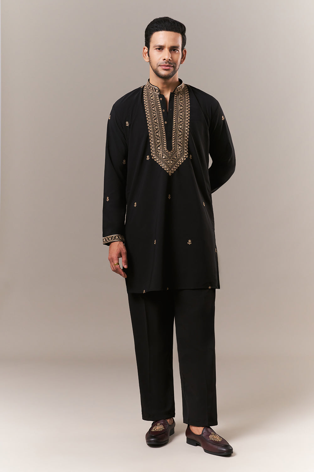 Black Crepe Mens Kurta Set with Dori and Sequins Work