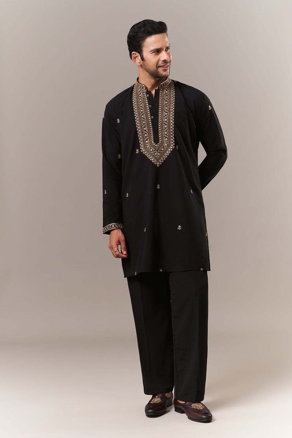 Black Crepe Mens Kurta Set with Dori and Sequins Work