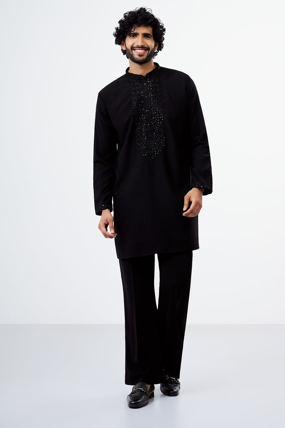 Black Embroidered Polyester Cotton Men's Kurta Set