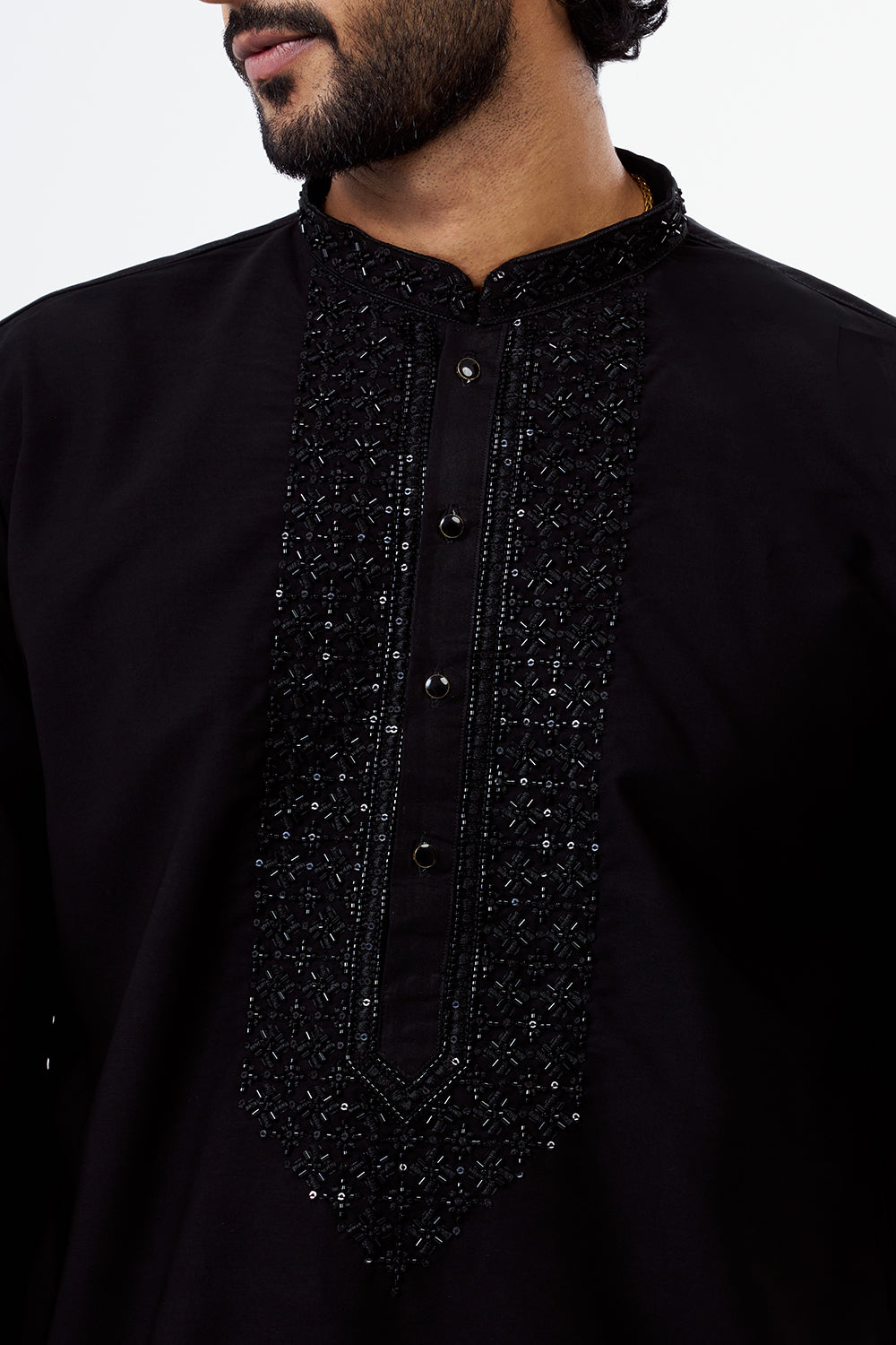 Black Embroidered Polyester Cotton Men's Kurta Set
