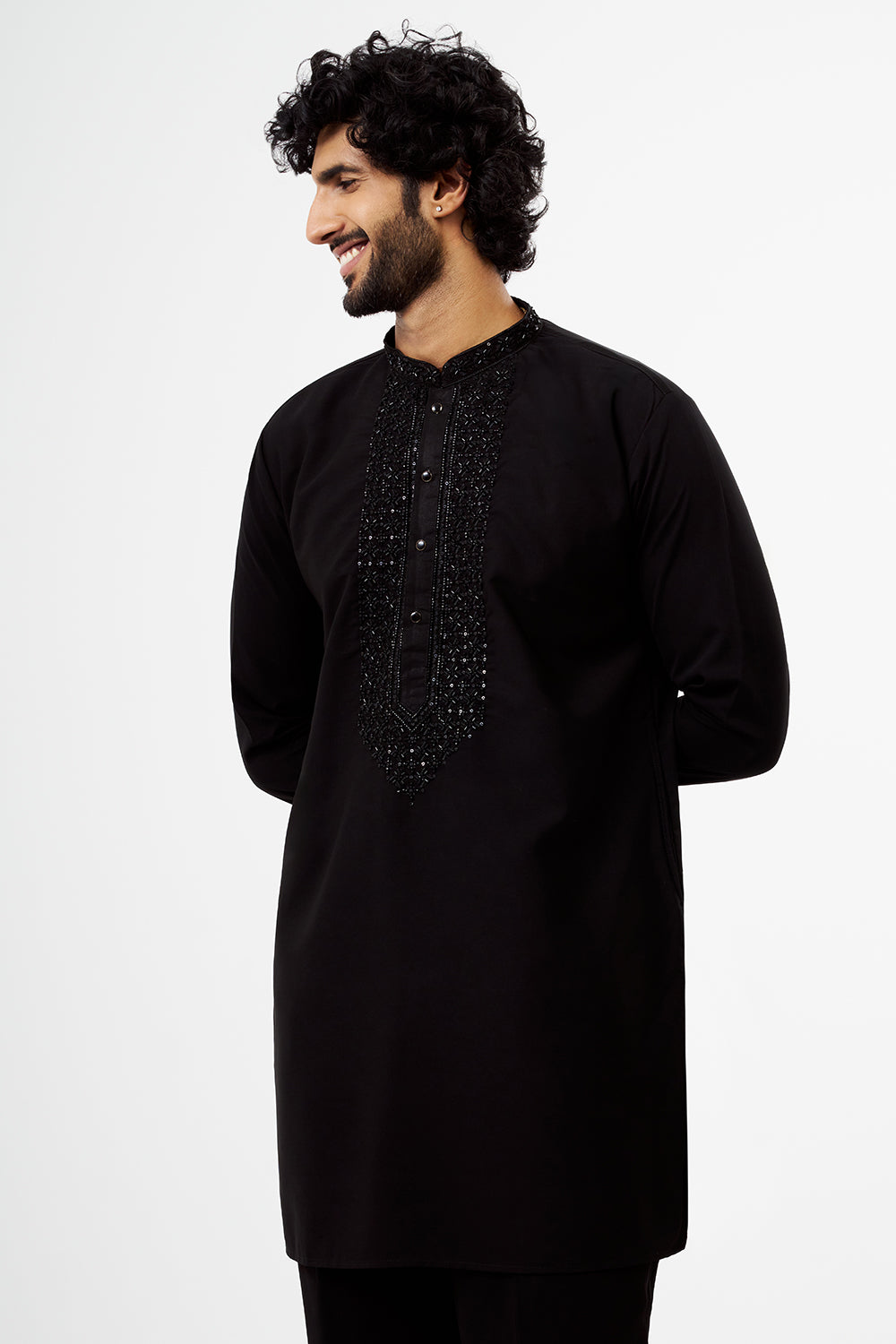 Black Embroidered Polyester Cotton Men's Kurta Set