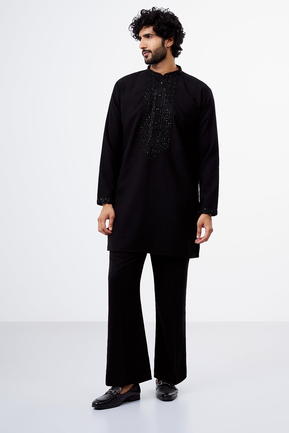 Black Embroidered Polyester Cotton Men's Kurta Set