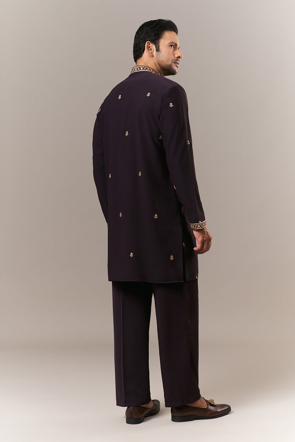 Black Faux Georgette Mens Kurta Set with Dori and Sequin Work
