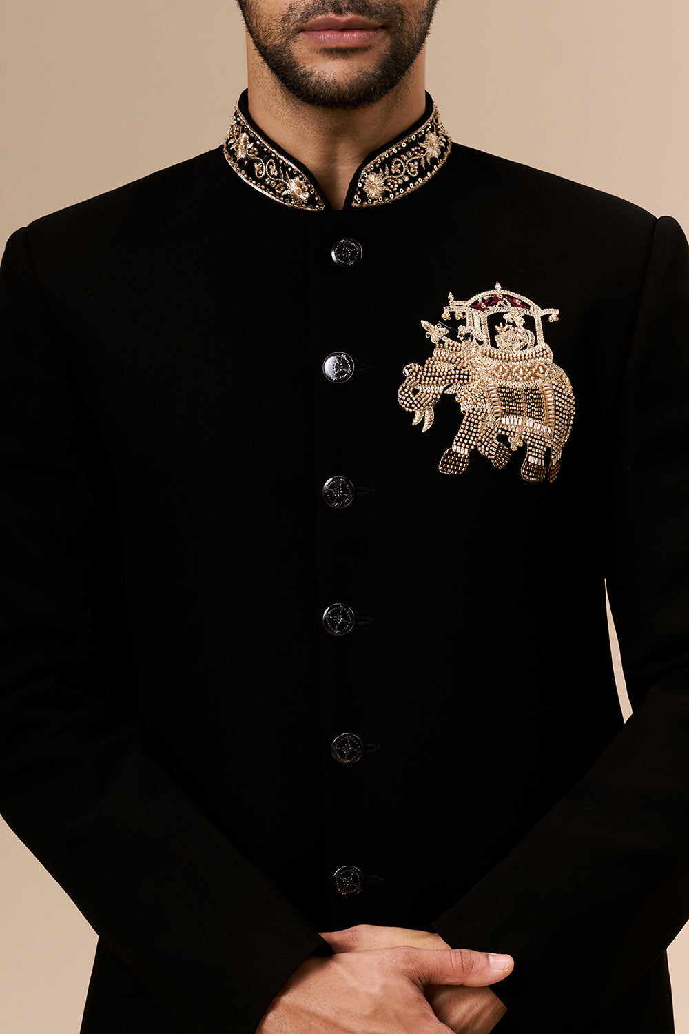 Black Georgette Jodhpuri with Cut Dana and Zari Elephant Motif