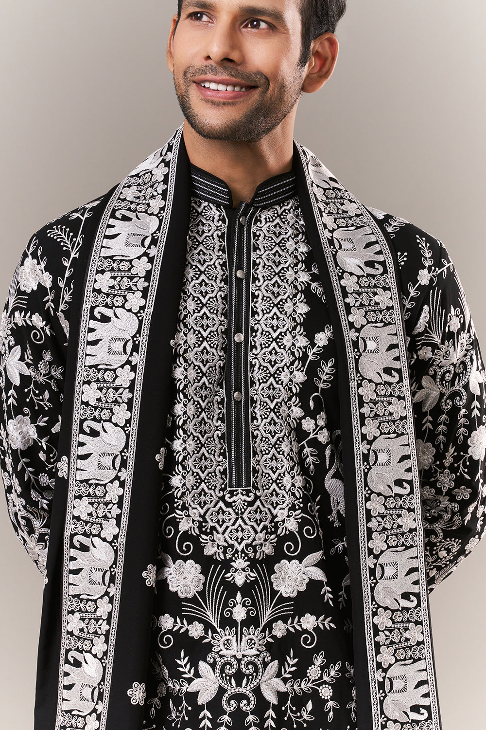 Black Georgette Mens Kurta Set with Parsi Embroidery