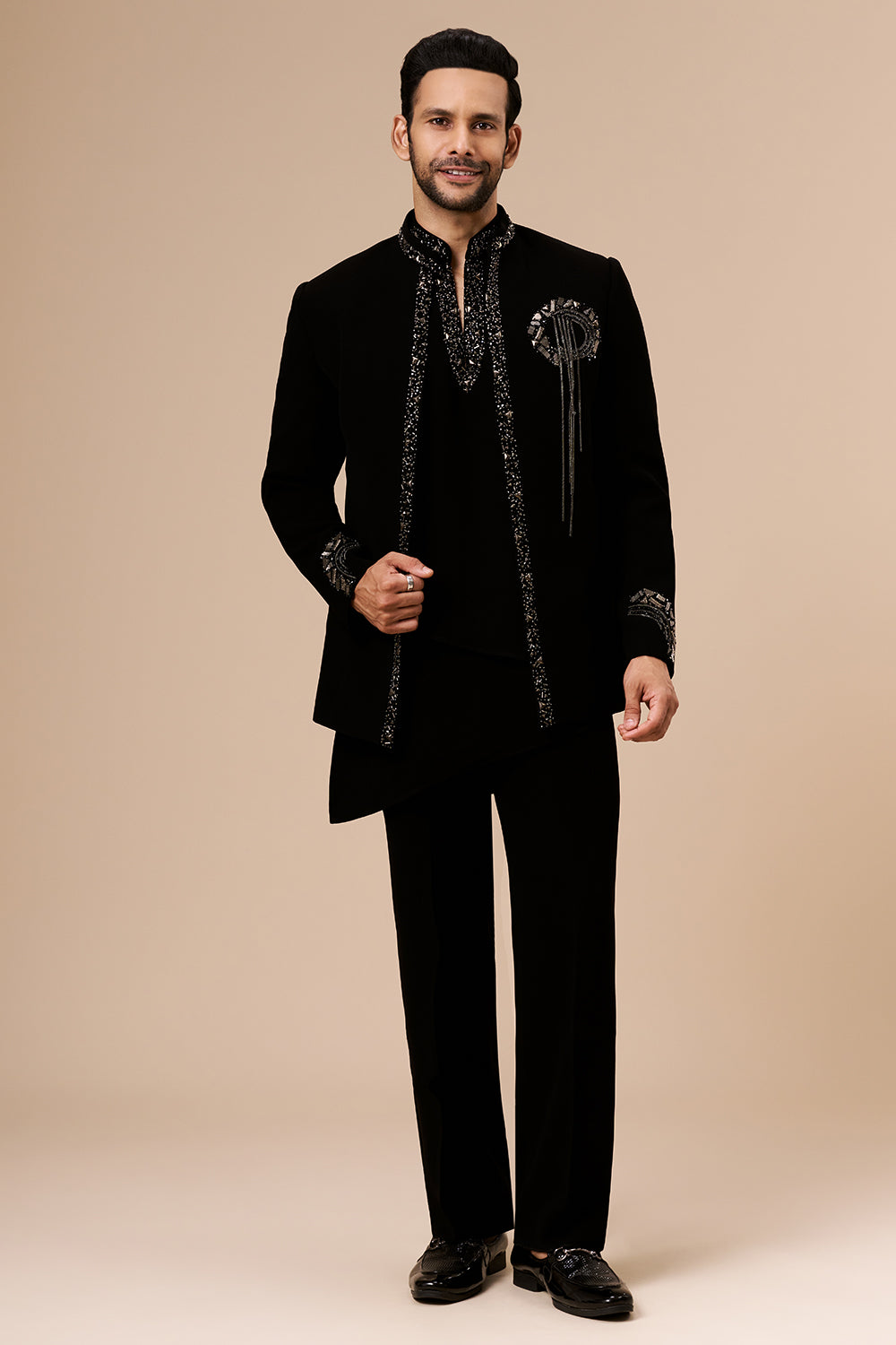 Black Georgette Mens Indo Western with Bead and Metal Detailing