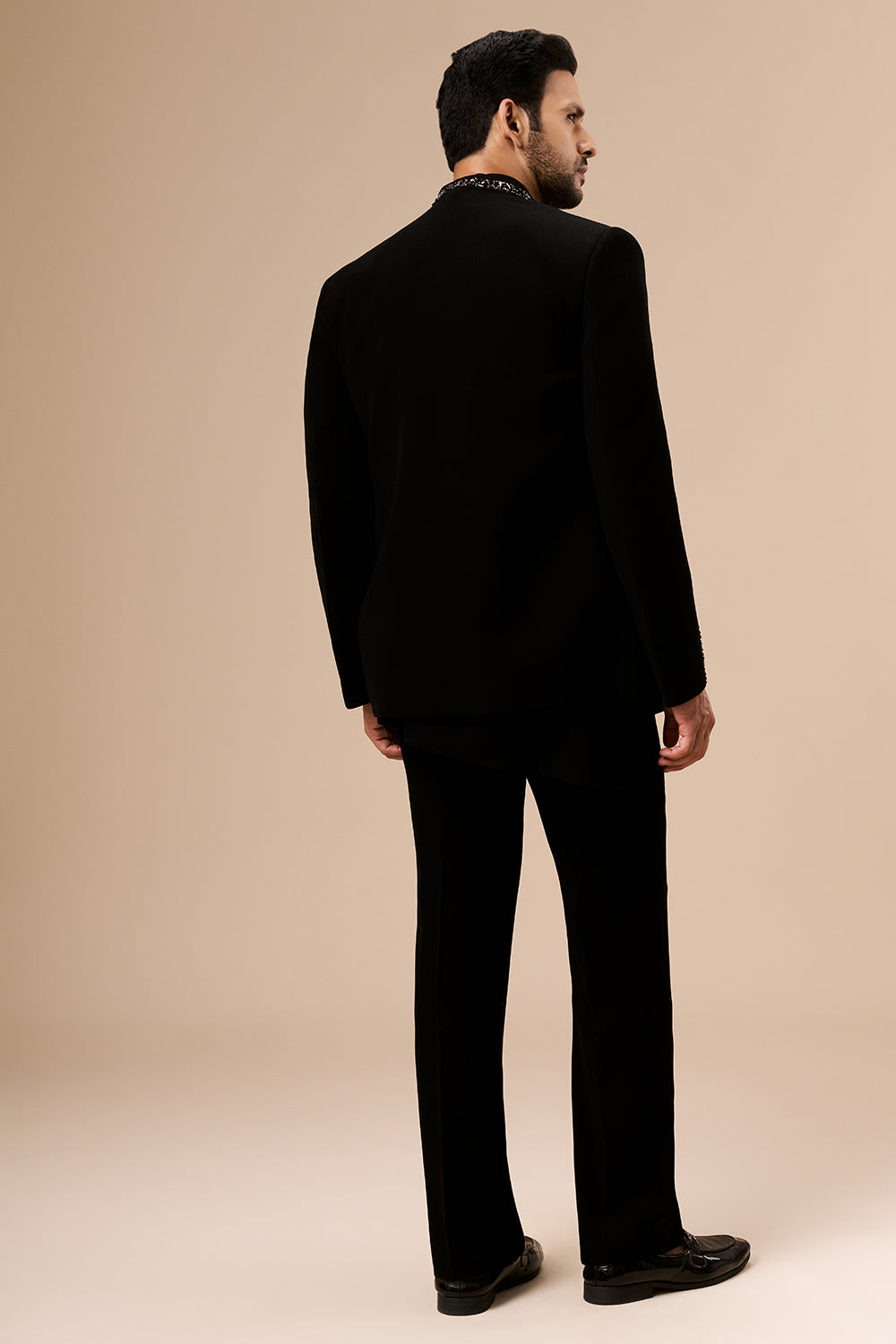 Black Georgette Mens Indo Western with Bead and Metal Detailing