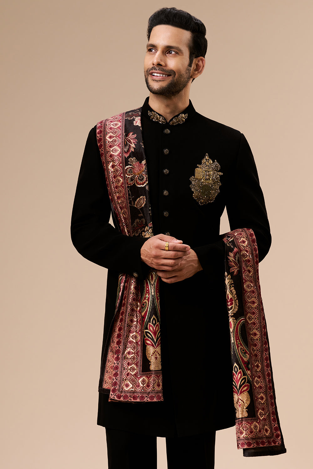 Black Georgette Mens Indo Western with Embellished Metal Motif