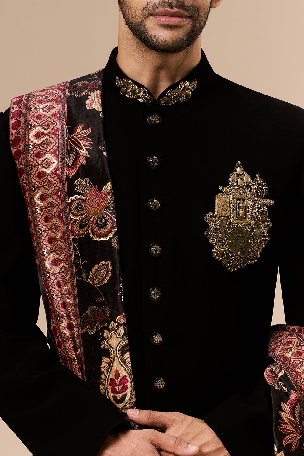 Black Georgette Mens Indo Western with Embellished Metal Motif