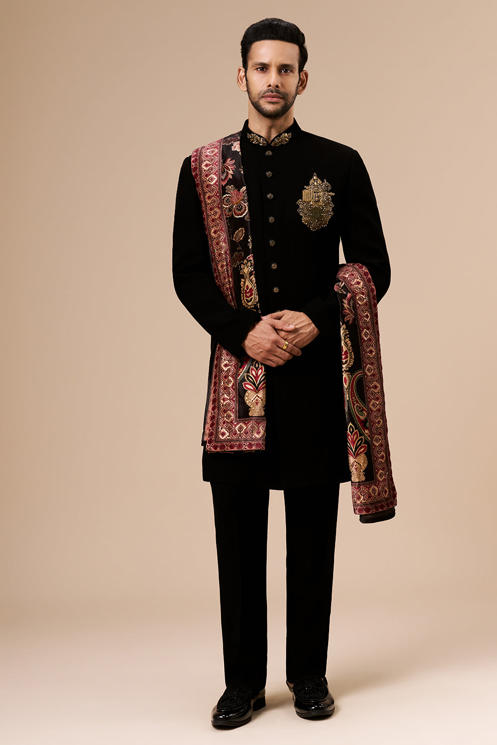 Black Georgette Mens Indo Western with Embellished Metal Motif