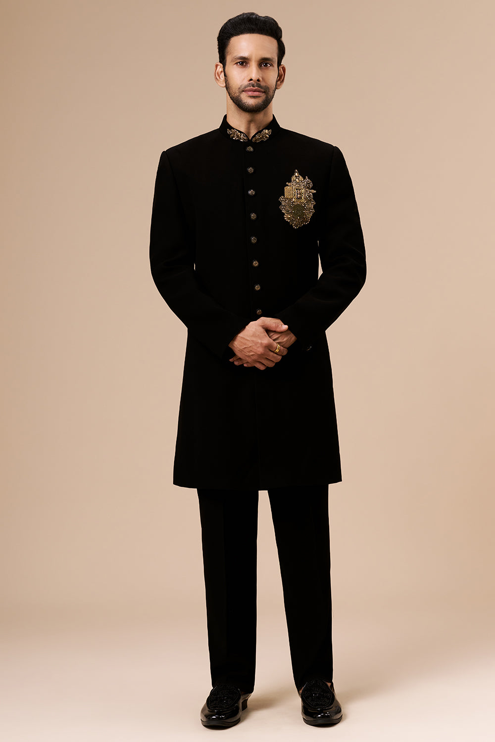 Black Georgette Mens Indo Western with Embellished Metal Motif