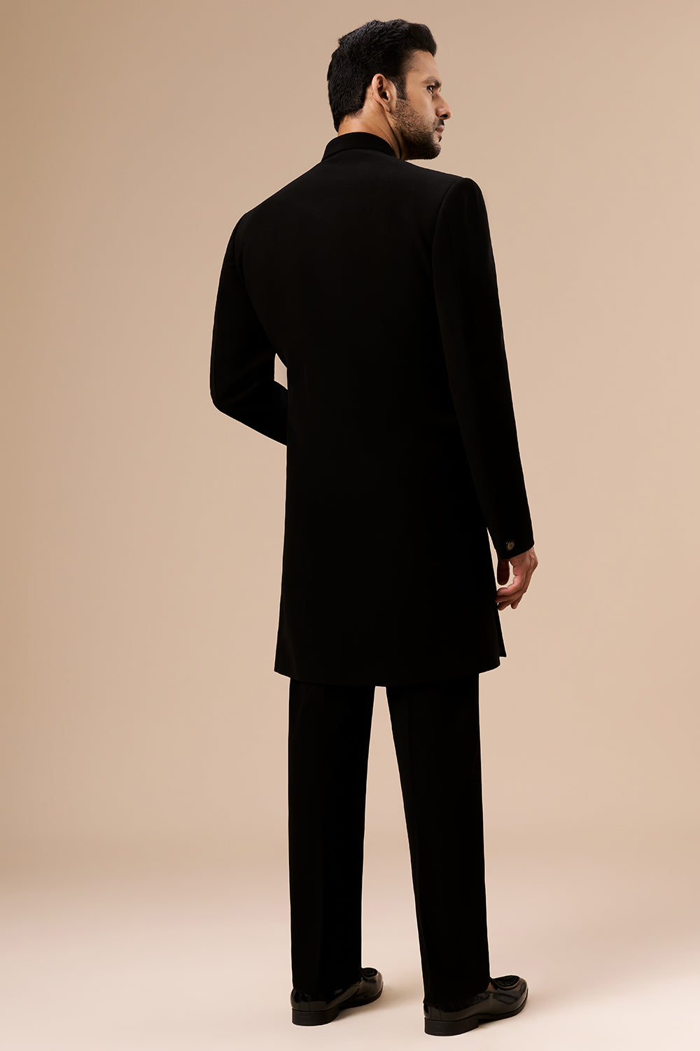 Black Georgette Mens Indo Western with Embellished Metal Motif