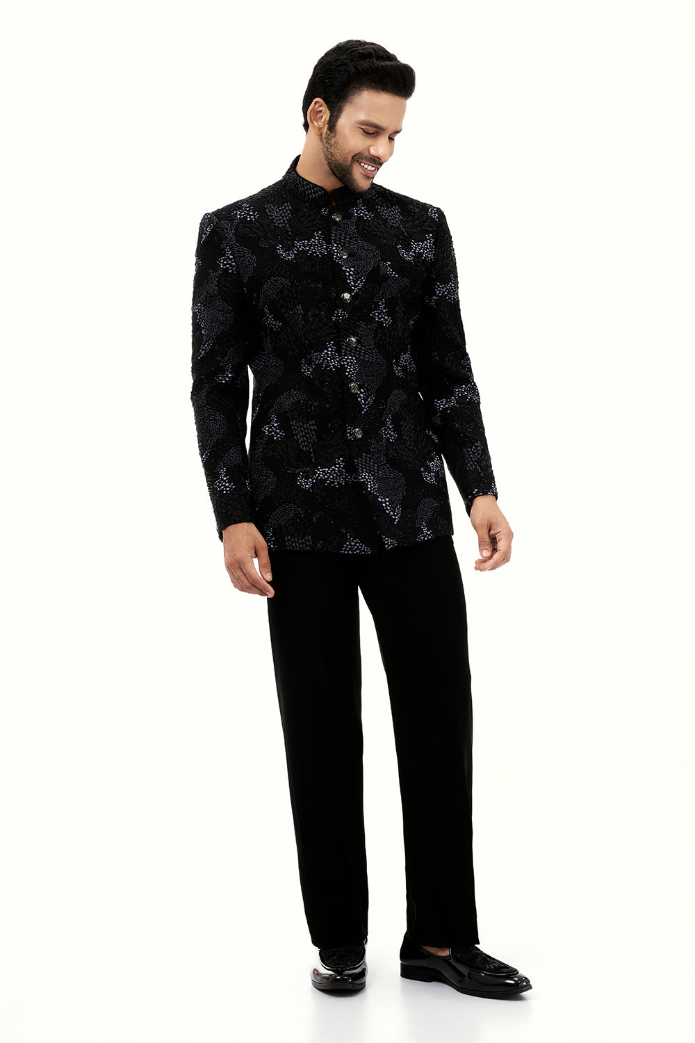 Black Georgette Mens Jodhpuri Set with Cutdana and Resham Work
