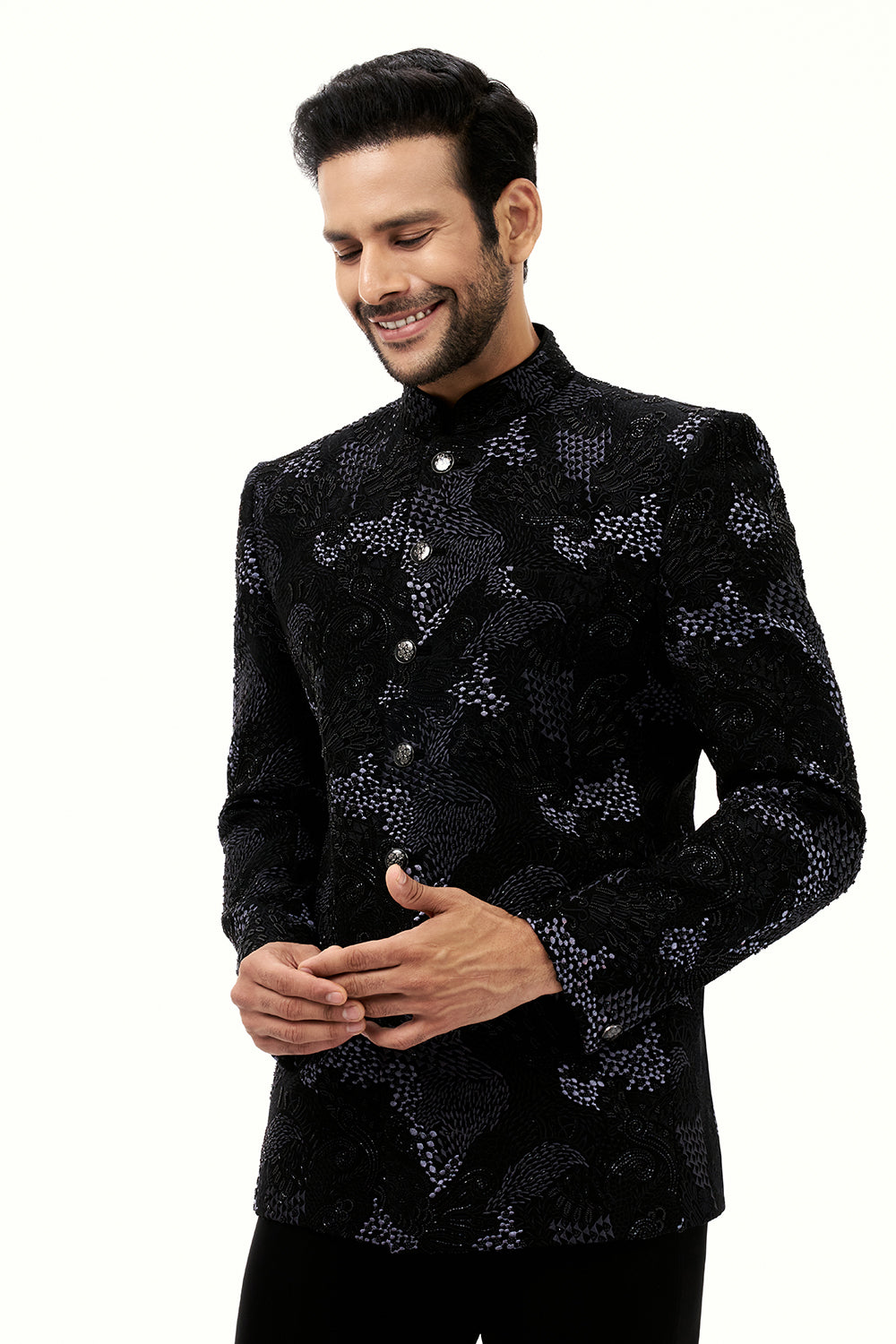 Black Georgette Mens Jodhpuri Set with Cutdana and Resham Work