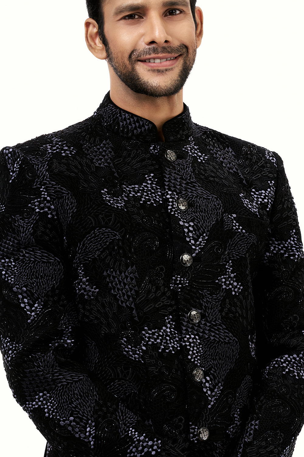 Black Georgette Mens Jodhpuri Set with Cutdana and Resham Work