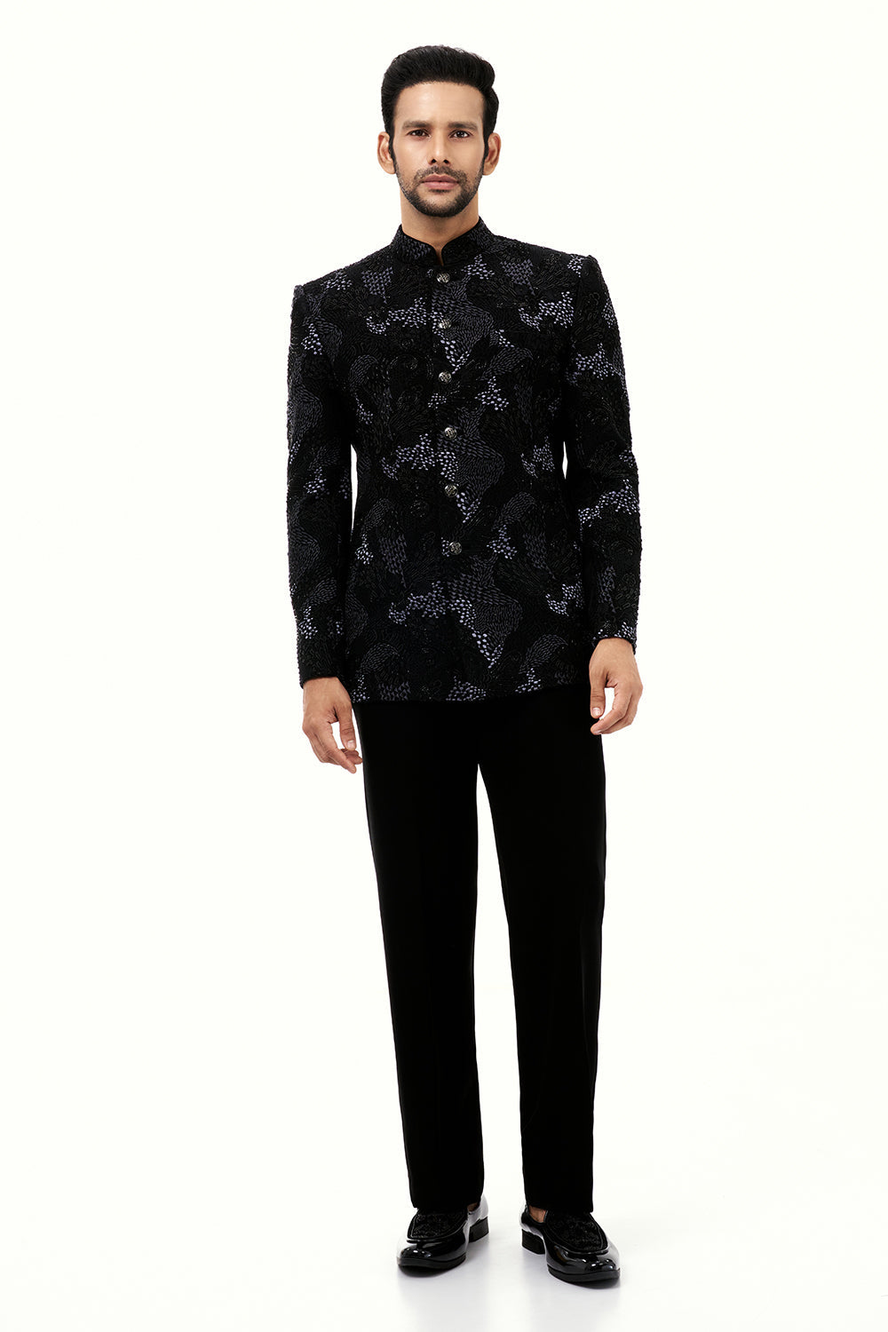 Black Georgette Mens Jodhpuri Set with Cutdana and Resham Work