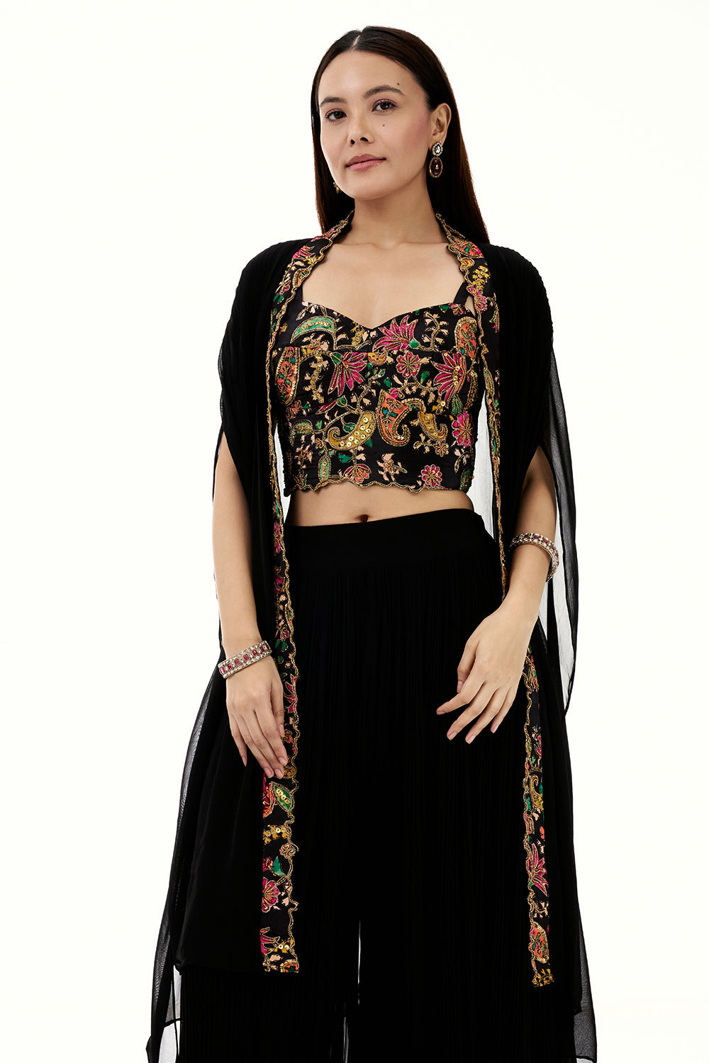 Black Georgette Palazzo Suit with Embroidered Crop Top and Sequin Work