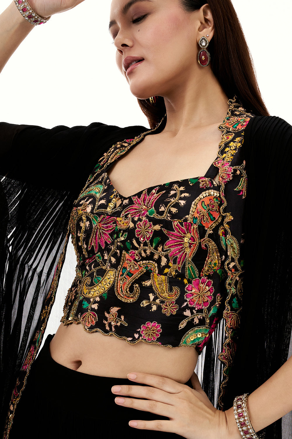 Black Georgette Palazzo Suit with Embroidered Crop Top and Sequin Work