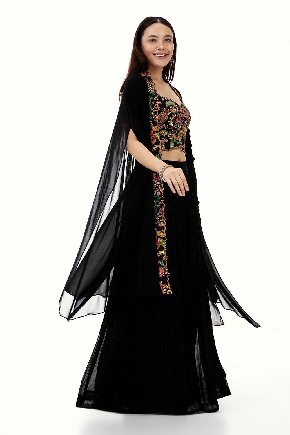 Black Georgette Palazzo Suit with Embroidered Crop Top and Sequin Work