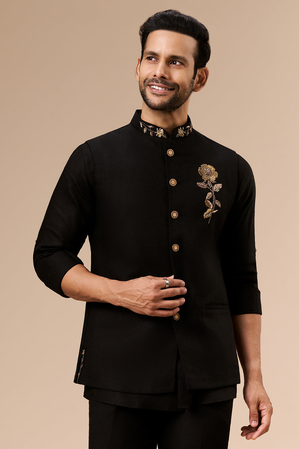 Black Linen Embroidered Bundi Set with Zardosi and Cut Dana Work
