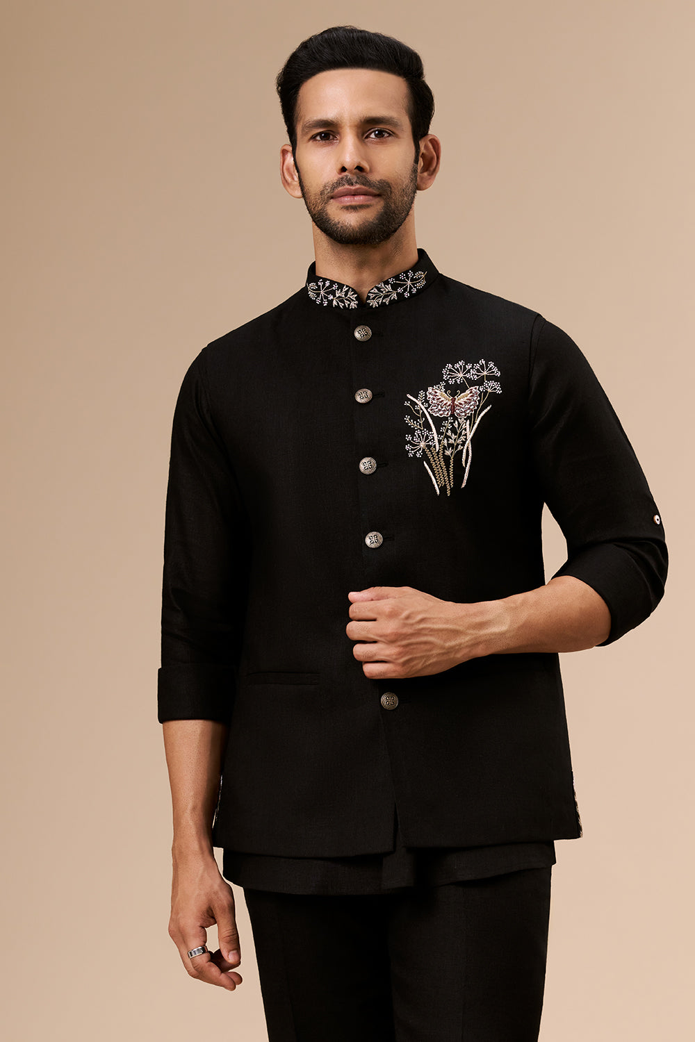 Black Linen Embroidered Bundi Set with Zardosi Botanical Motif