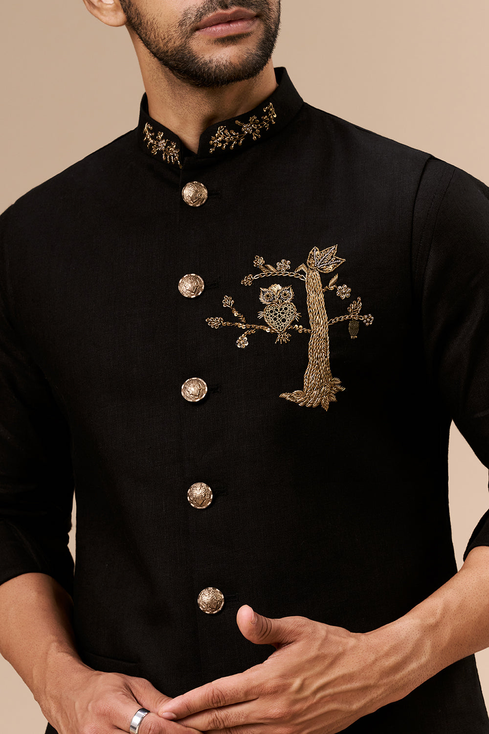Black Linen Embroidered Motif Bundi Set with Zardosi and Cut Dana Work