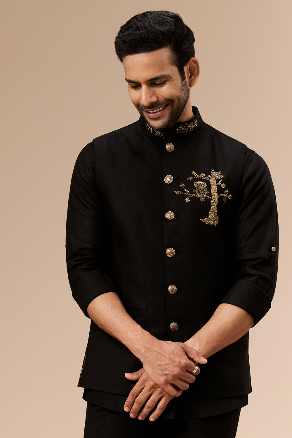 Black Linen Embroidered Motif Bundi Set with Zardosi and Cut Dana Work
