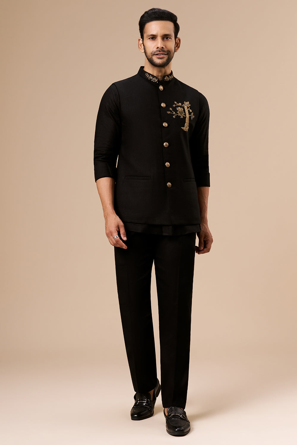 Black Linen Embroidered Motif Bundi Set with Zardosi and Cut Dana Work