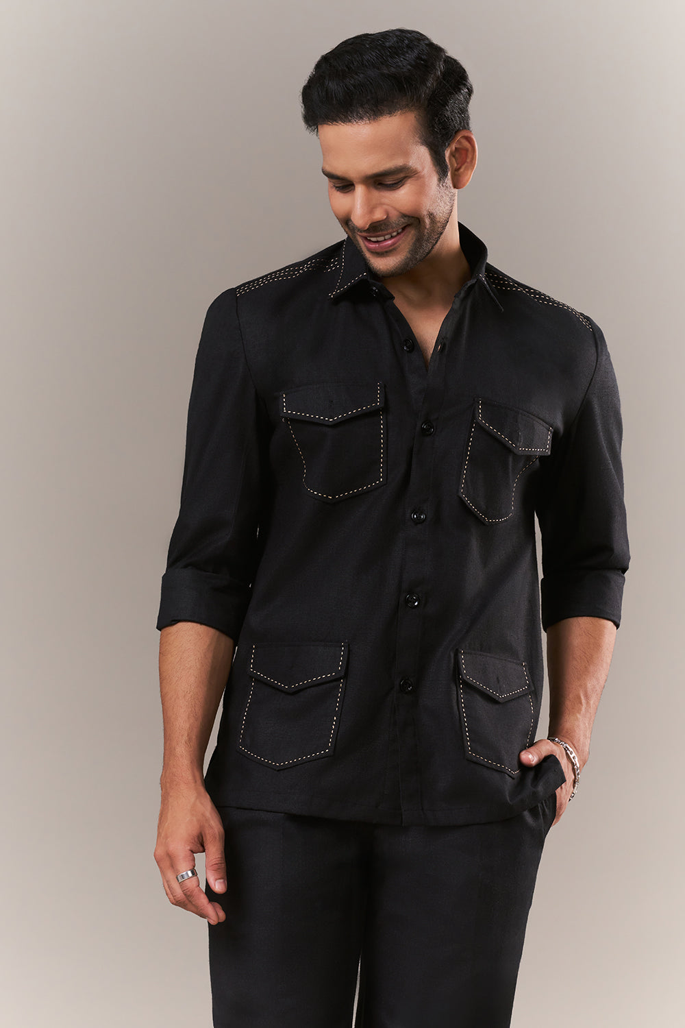Black Linen Mens Suit with Thread Work