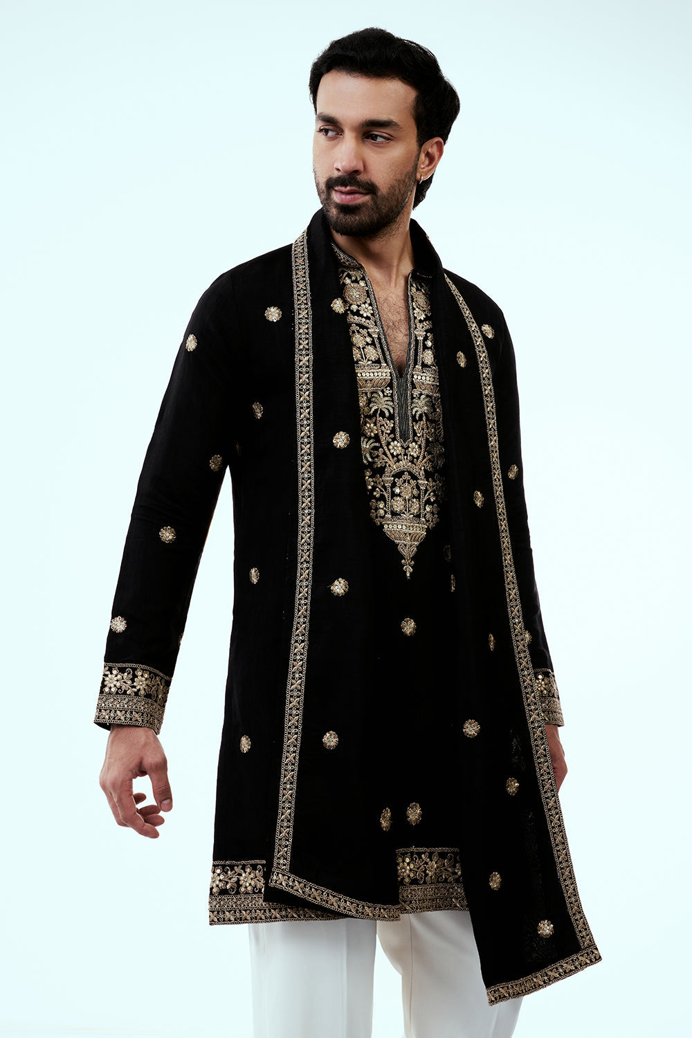 Black Art Silk Embellished Mens Kurta Set with Intricate Zari Butti Work