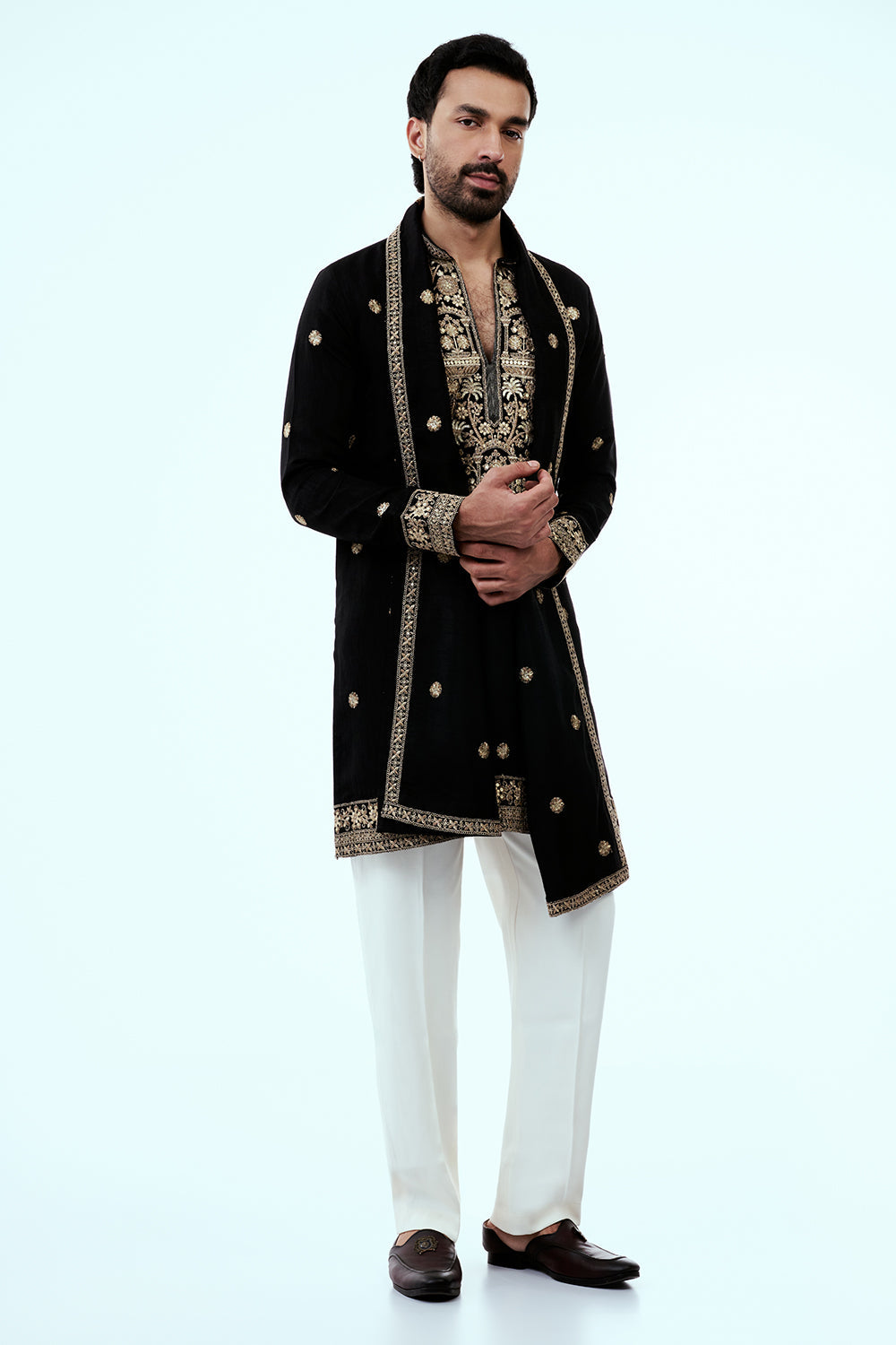 Black Art Silk Embellished Mens Kurta Set with Intricate Zari Butti Work
