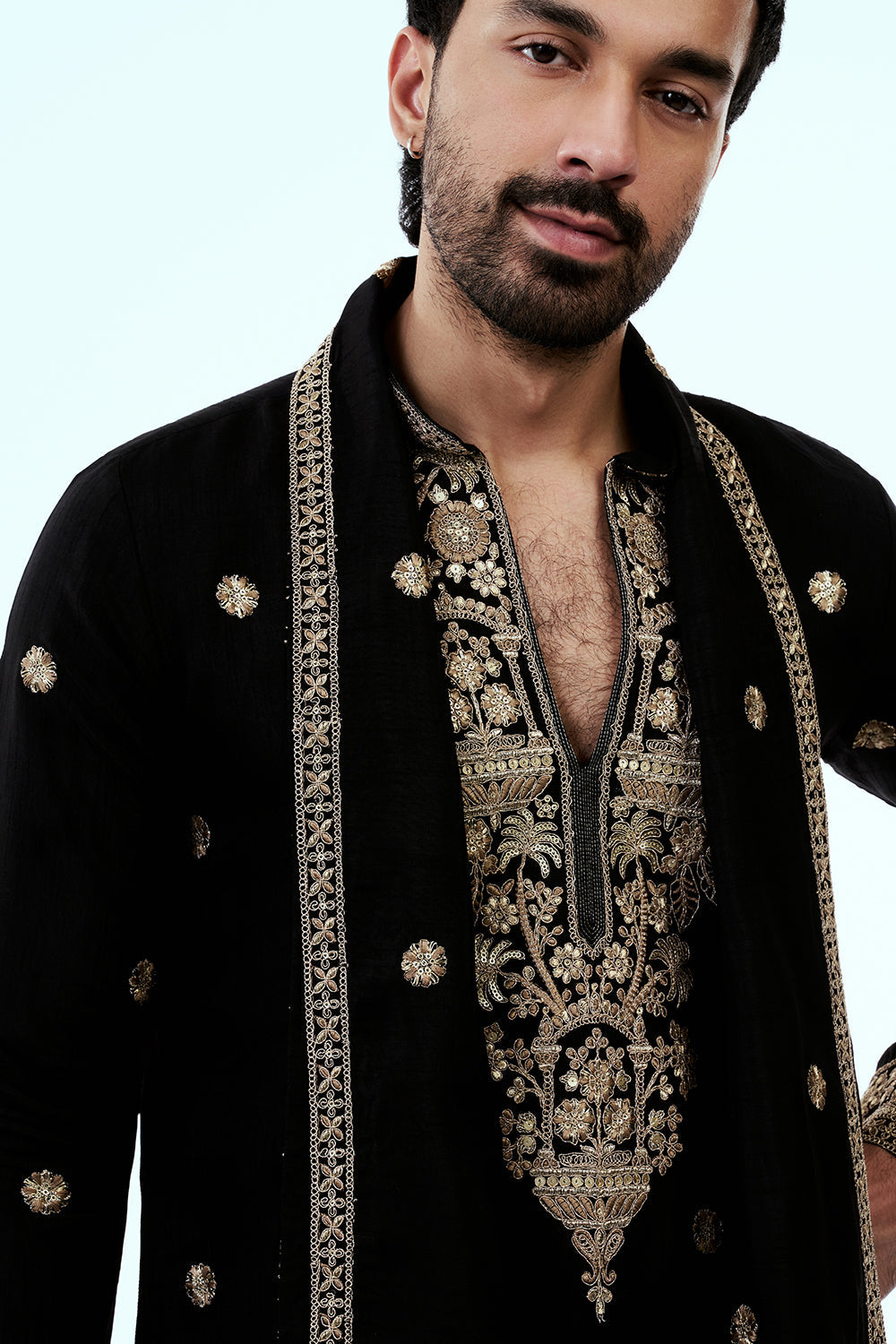 Black Art Silk Embellished Mens Kurta Set with Intricate Zari Butti Work
