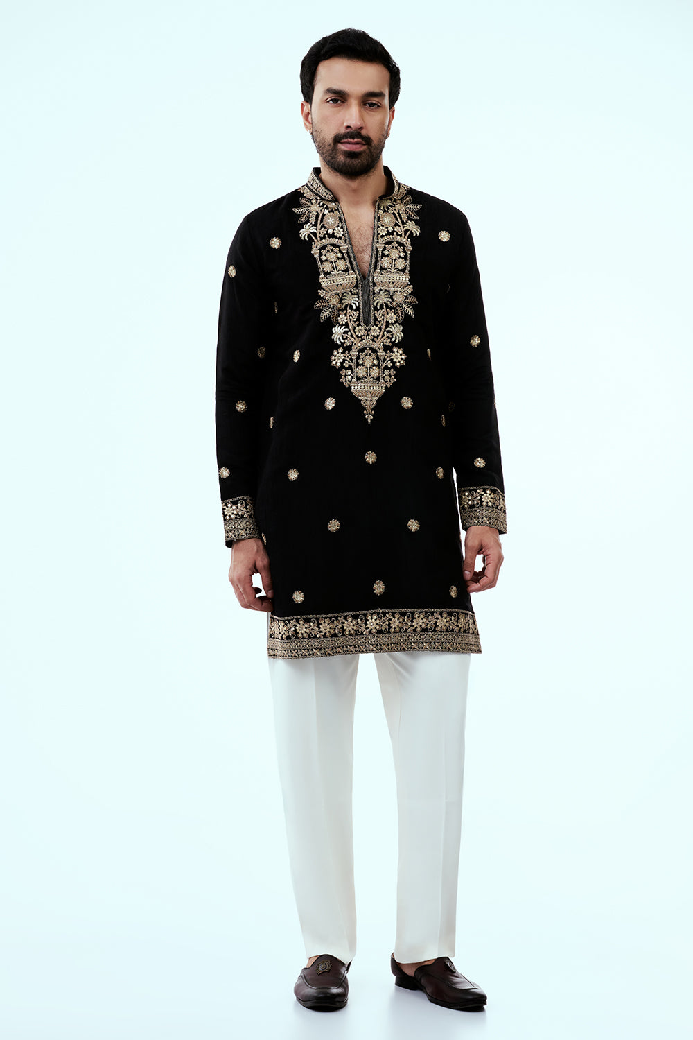 Black Art Silk Embellished Mens Kurta Set with Intricate Zari Butti Work