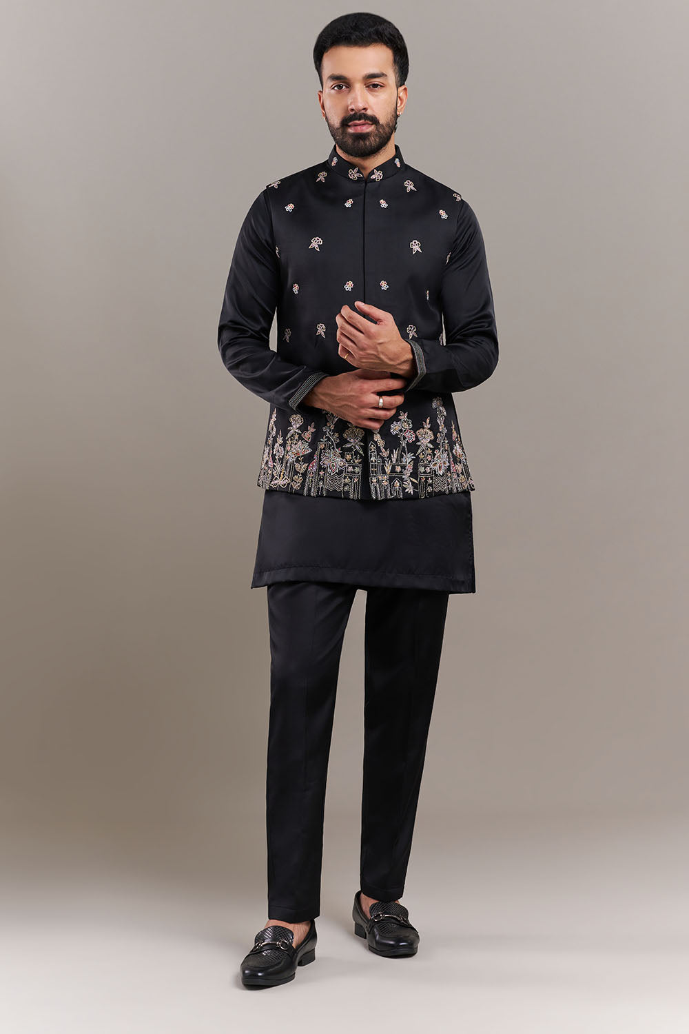 Black Nokia Silk Garden Border Men's Kurta with Jacket