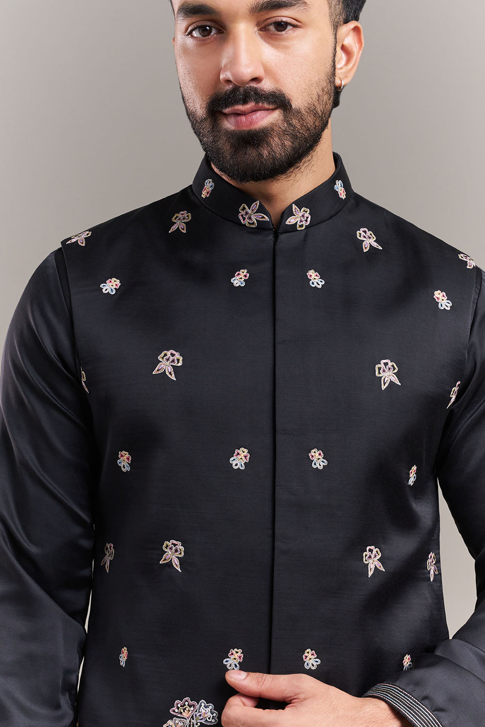 Black Nokia Silk Garden Border Men's Kurta with Jacket