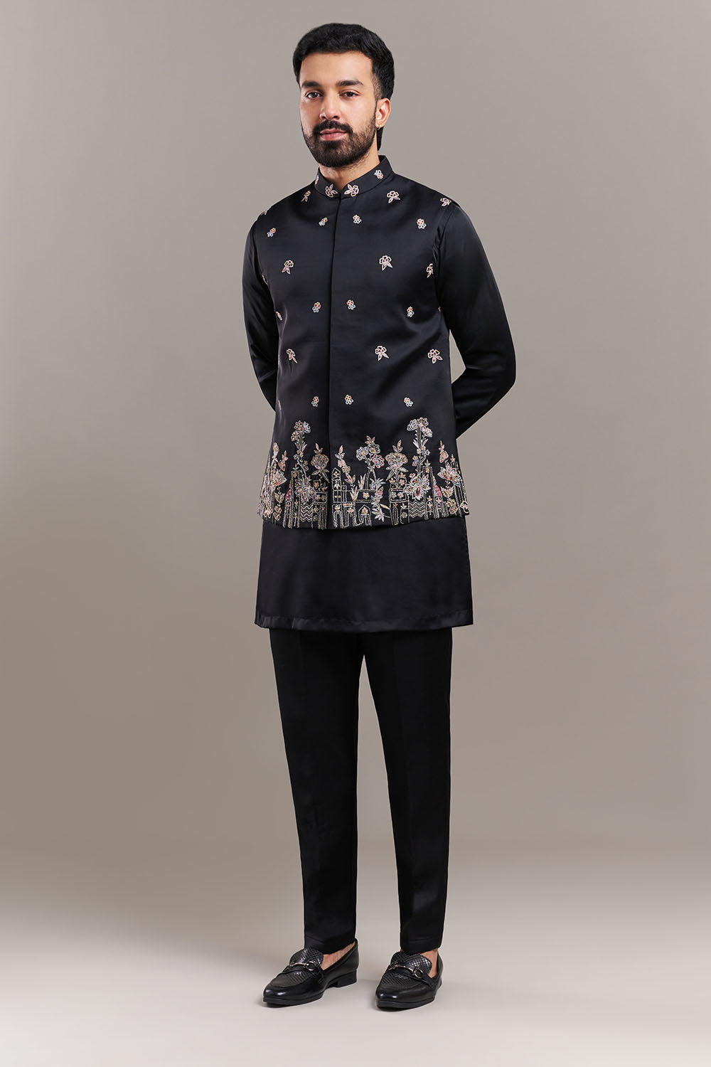 Black Nokia Silk Garden Border Men's Kurta with Jacket