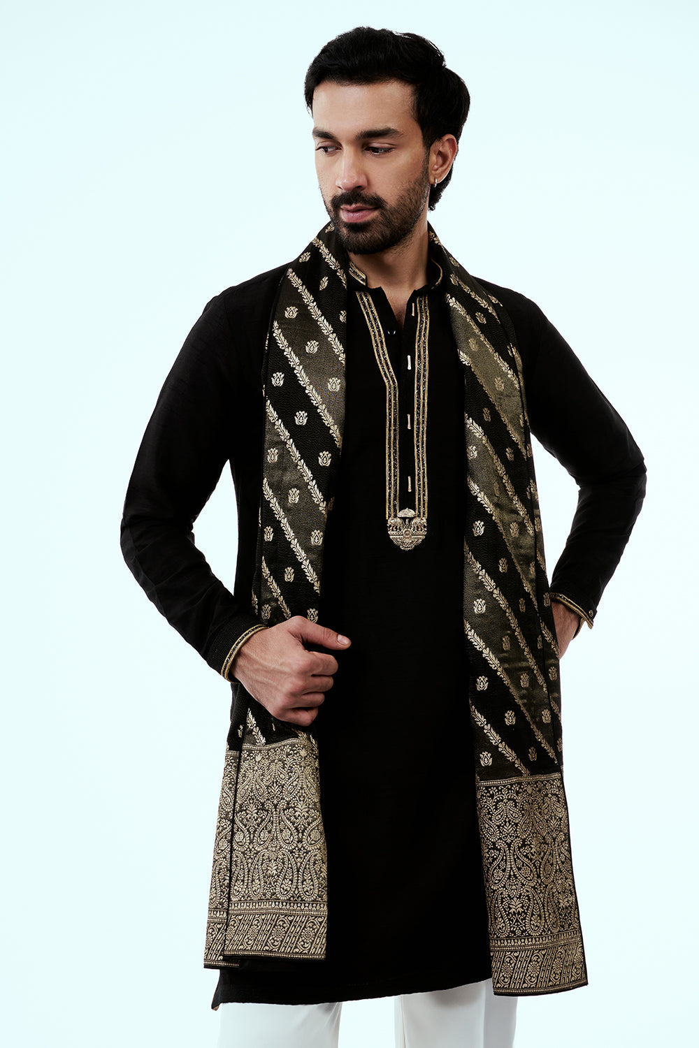 Black Art Silk Mens Kurta Set with Embroidery Work