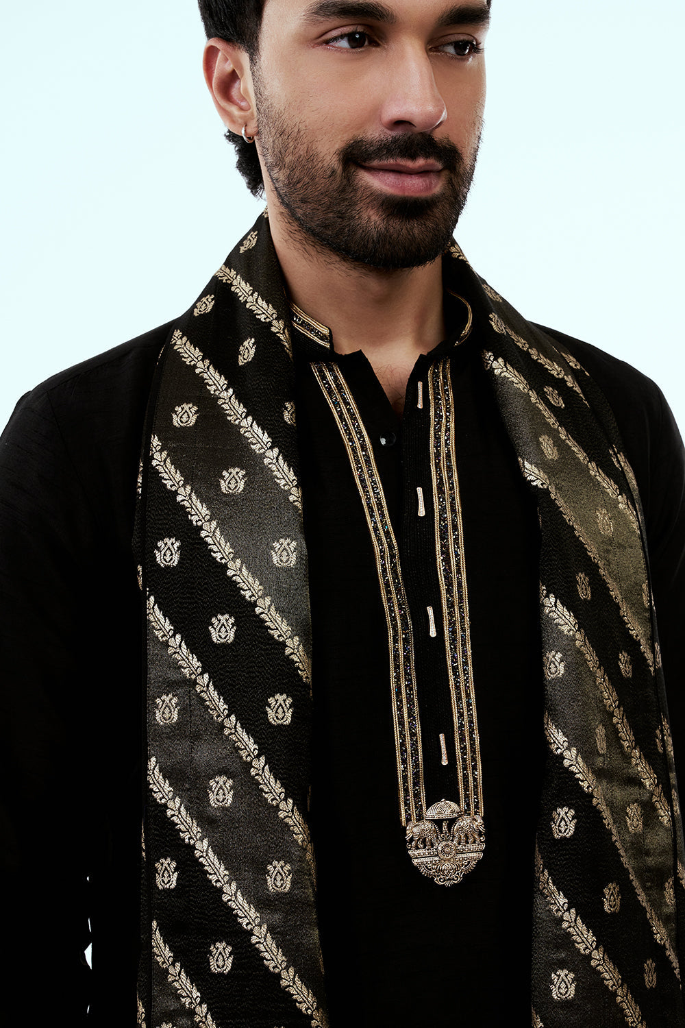 Black Art Silk Mens Kurta Set with Embroidery Work