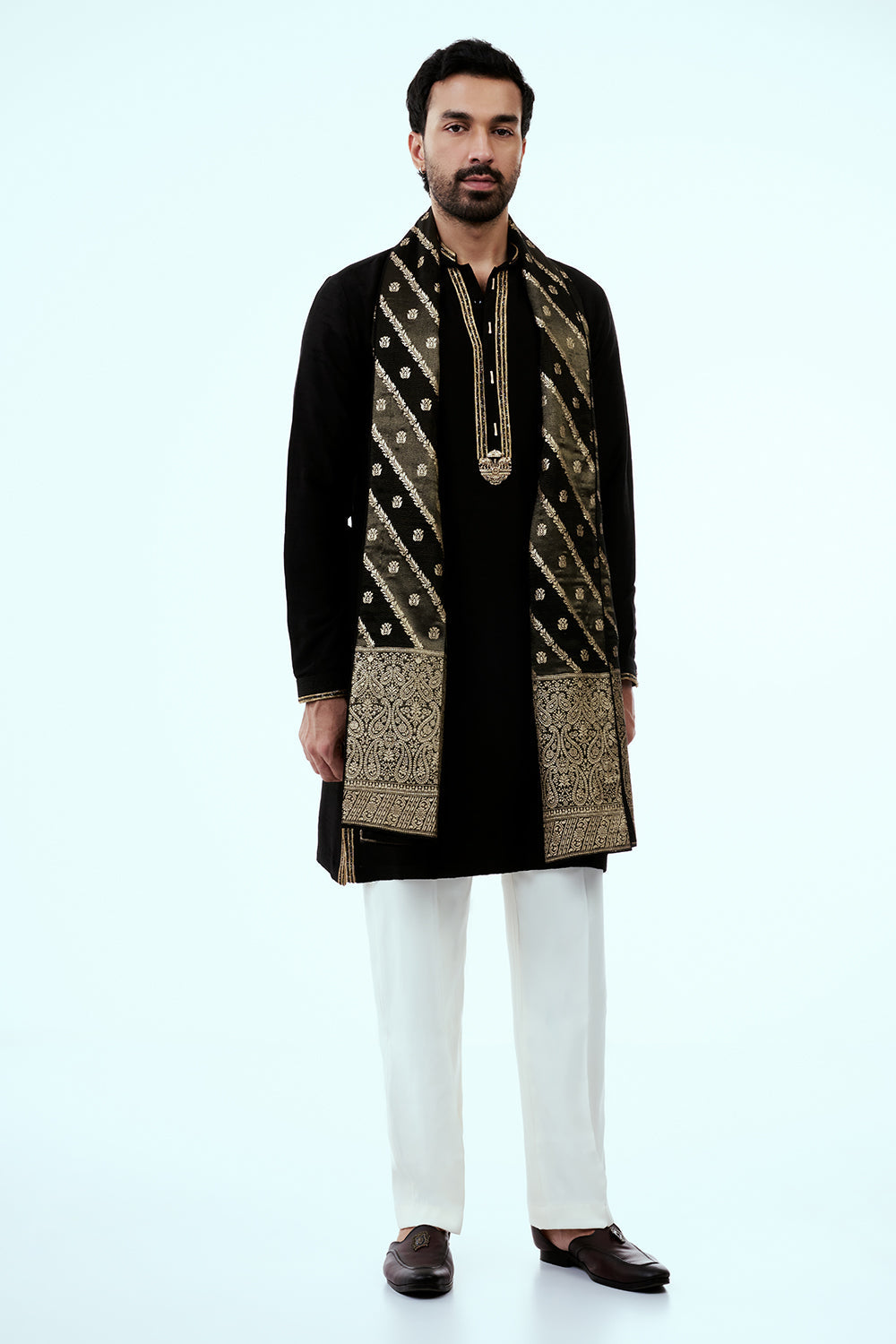Black Art Silk Mens Kurta Set with Embroidery Work