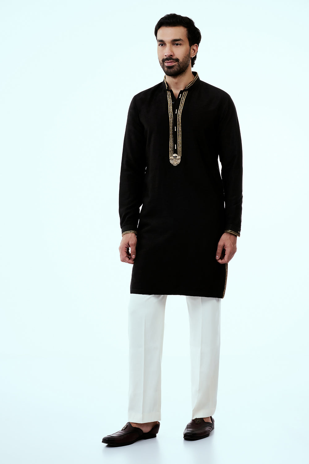 Black Art Silk Mens Kurta Set with Embroidery Work