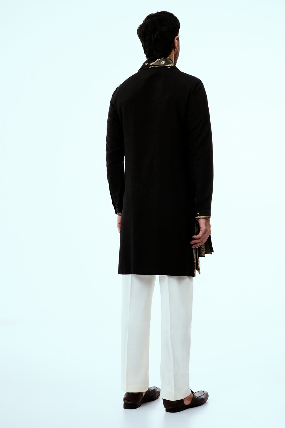 Black Art Silk Mens Kurta Set with Embroidery Work