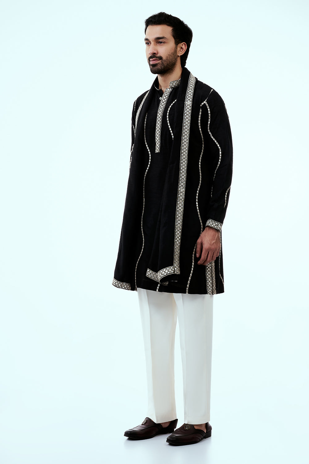 Black Nokia Silk Mens Kurta Set with Mirror Work and Zari Embroidery