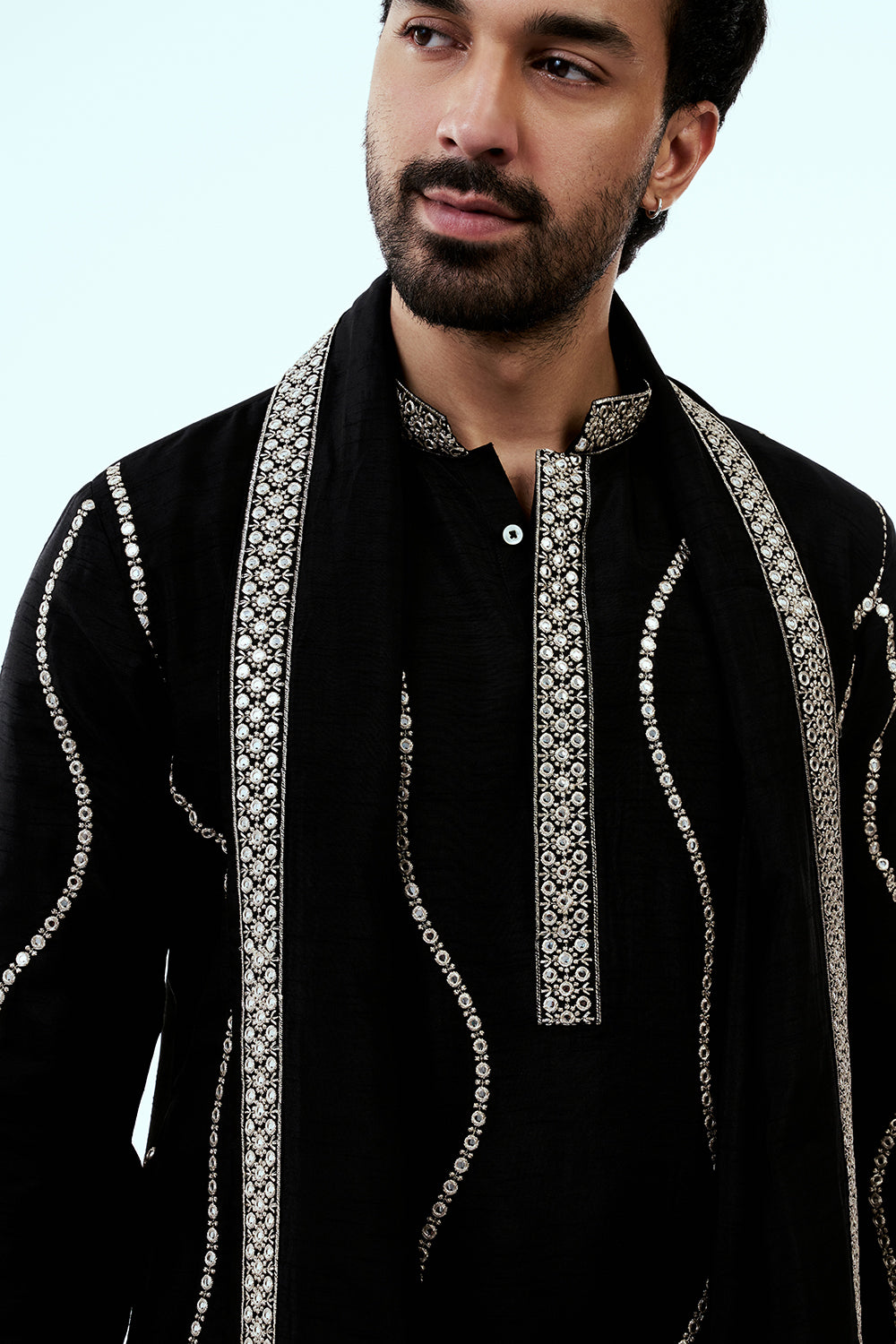 Black Nokia Silk Mens Kurta Set with Mirror Work and Zari Embroidery