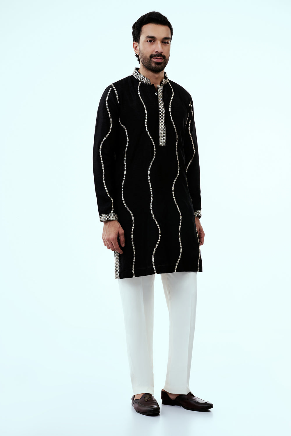 Black Nokia Silk Mens Kurta Set with Mirror Work and Zari Embroidery
