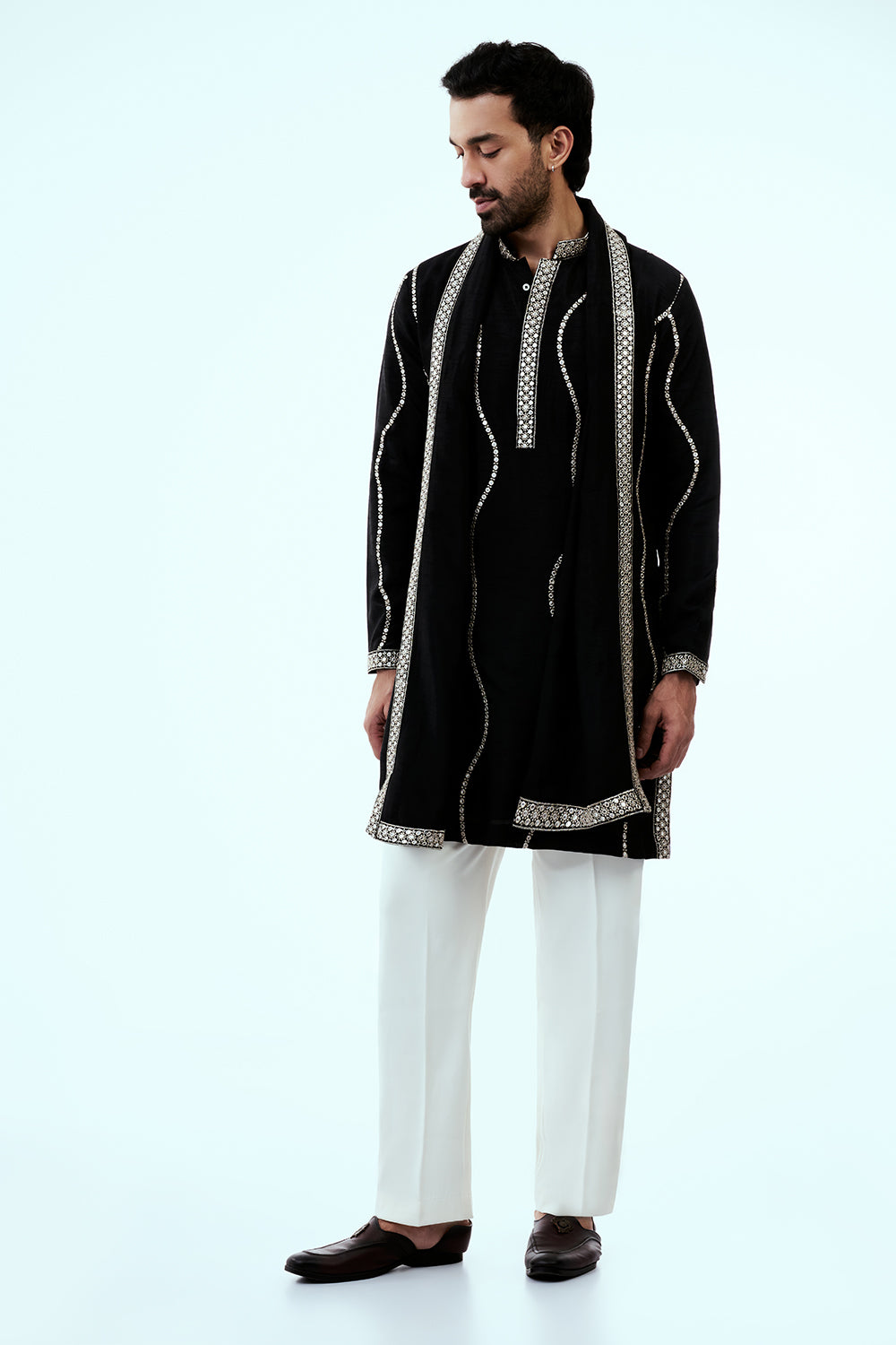 Black Nokia Silk Mens Kurta Set with Mirror Work and Zari Embroidery