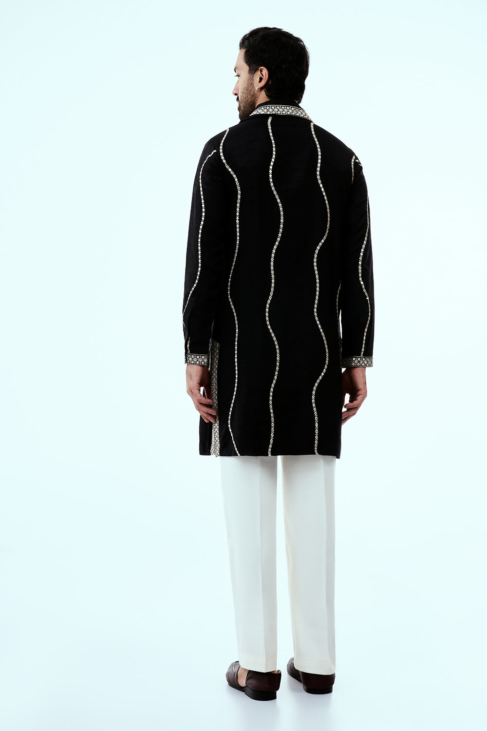 Black Nokia Silk Mens Kurta Set with Mirror Work and Zari Embroidery